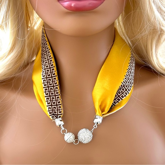 Satin Gold/White Scarf with Silver Crystal Rhinestone Necklace - Picture 11 of 11